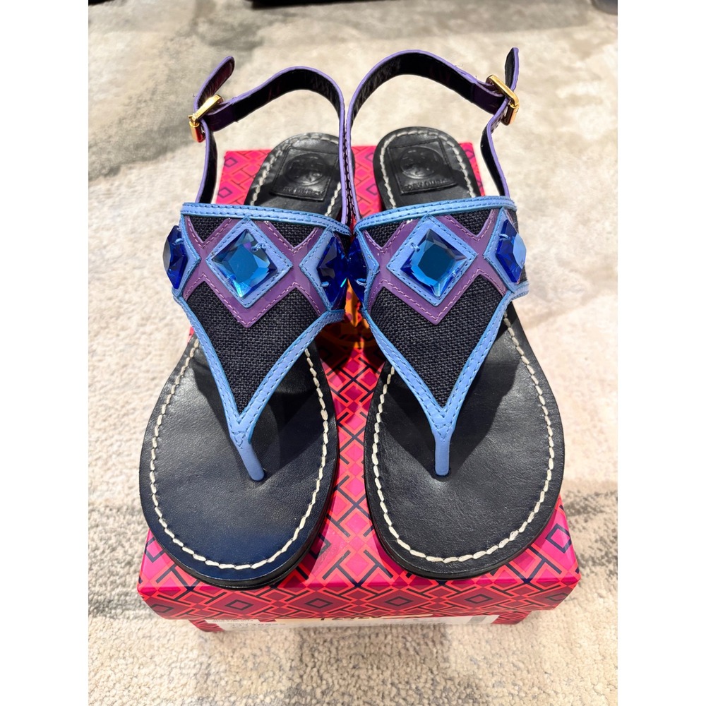 Tory Burch Leighanne Flat Thong Sandals Navy Blue Purple Jeweled Crystal 7.5